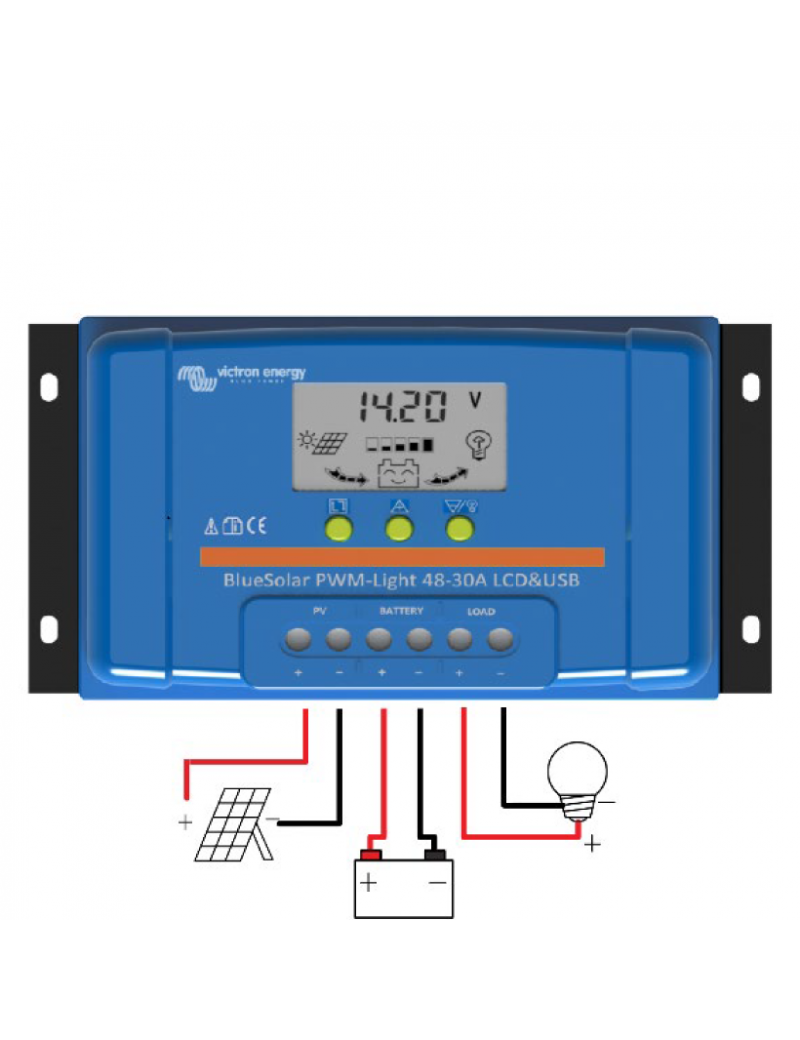 Regulator ładowania słonecznego z wyświetlaczem BlueSolar PWM-LCD&USB 48V-30A Victron Energy - Schemat podłączenia